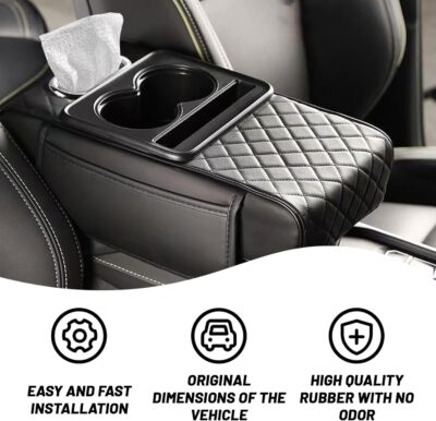 Car Armrest Cushion, 5 in 1 Center Console Cover with 2 Cup Holders, Phone Holder, Tissue Holder, Storage Bag, Multifunctional Leather Heightened Car Armrest Cushion for Most Cars（Black - Image 3