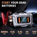 Jump Starter with Air Compressor, 8000A Car Battery Jump Starter (9.0 Gas/8.0L Diesel), 180PSI Car Battery Jumper Starter Portable 12V Jump Box with Jumper Cables, LED Light, Power Bank, LCD Display - Image 2