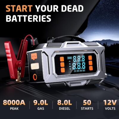 Jump Starter with Air Compressor, 8000A Car Battery Jump Starter (9.0 Gas/8.0L Diesel), 180PSI Car Battery Jumper Starter Portable 12V Jump Box with Jumper Cables, LED Light, Power Bank, LCD Display - Image 2