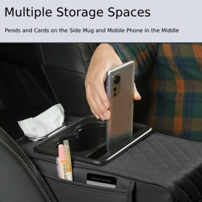 Arm Rest Cover for Car, Microfiber Leather Car Center Console Cover with 2 Storage Bags, 2 Cup Holders and a Tissue Box, Universal Car Console Covers Accessories, Black - Image 5