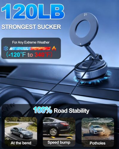 Upgraded Vacuum Magnetic Car Phone Holder for Your Car [120LBS Ultra Suction Cup & 3000gf Magnet] 780° Adjustable Foldable Cell Phone Mount for Magsafe Dashboard Car Bracket Stand for iPhone & Android - Image 3