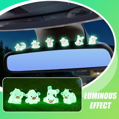 6Pcs Cute Luminous Cow Car Dashboard Decor Set- Cars Rearview Mirror/Dashboard/Touchscreen Top Funny Adorable Auto Rear View Mini Cows Ornament (Clear White) - Image 5