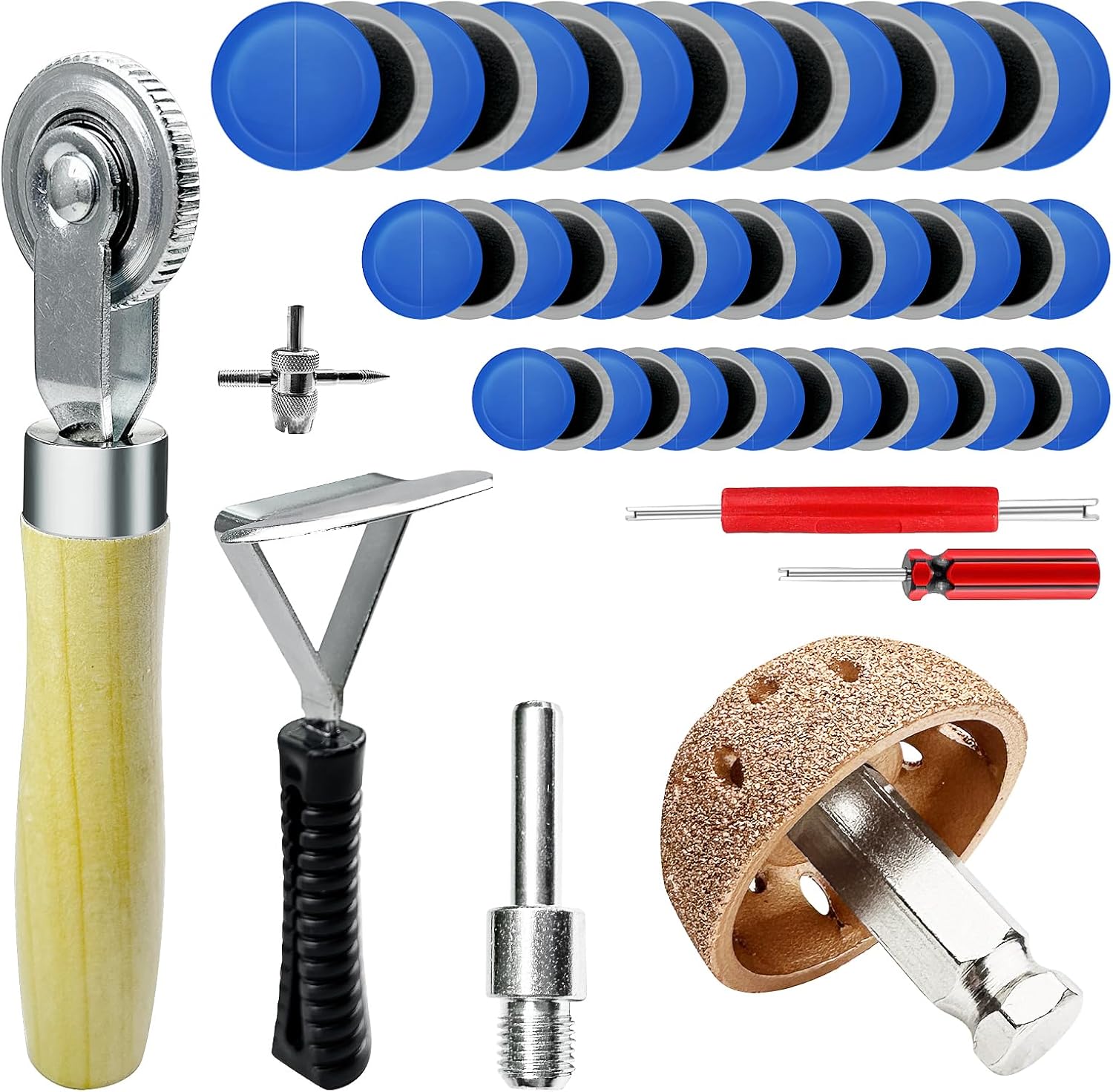 71ToYT70WIL._AC_SL1500_.jpg 53Pcs Tire Patch Kit Heavy Duty, Tire Repair Tools 42 mm Tungsten Steel Buffing Wheel with 32/42/58mm Tire Patches, Inner Liner Scraper, Tire Patch Roller for Car Motorcycle Bike tractors Grinding - Image 1