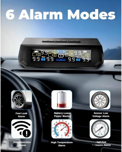 Tire Pressure Monitoring System,TPMS with Solar and USB Charging Color LCD Display, Voice Prompts, 6 Alarm Modes, 0-87 PSI Range (6 Tire Sensors) - Image 2