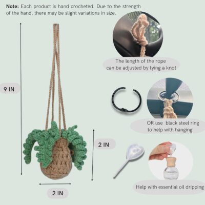 Handmade Crochet Hanging Car Air Freshener - Botanical Fern Leaf Design with 12ml Refillable Glass Essential Oil Bottle, Long-Lasting Car Diffuser & Nature-Inspired Decor - Image 2
