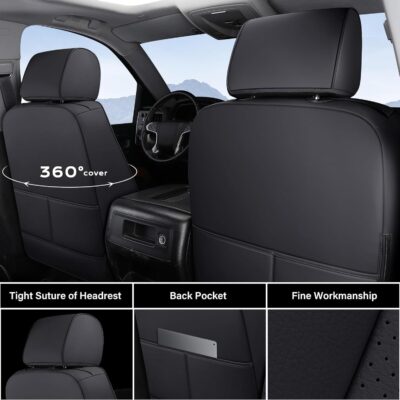 Coverado Chevy Silverado Seat Covers, Faux Leather Seat Covers Fit for Chevy Silverado GMC Sierra 2007-2025 1500, 2015-2025 2500HD 3500HD Crew Double Extended Cab (Front, Black) - Image 2