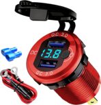 12V Flush Mount Car Charger, Aluminum Metal Body with LED Voltmeter and Switch, Dual QC3.0 USB Port for Marine, RV, Motorcycle & Panel Mounting (red)