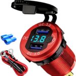 12V Flush Mount Car Charger, Aluminum Metal Body with LED Voltmeter and Switch, Dual QC3.0 USB Port for Marine, RV, Motorcycle & Panel Mounting (red)
