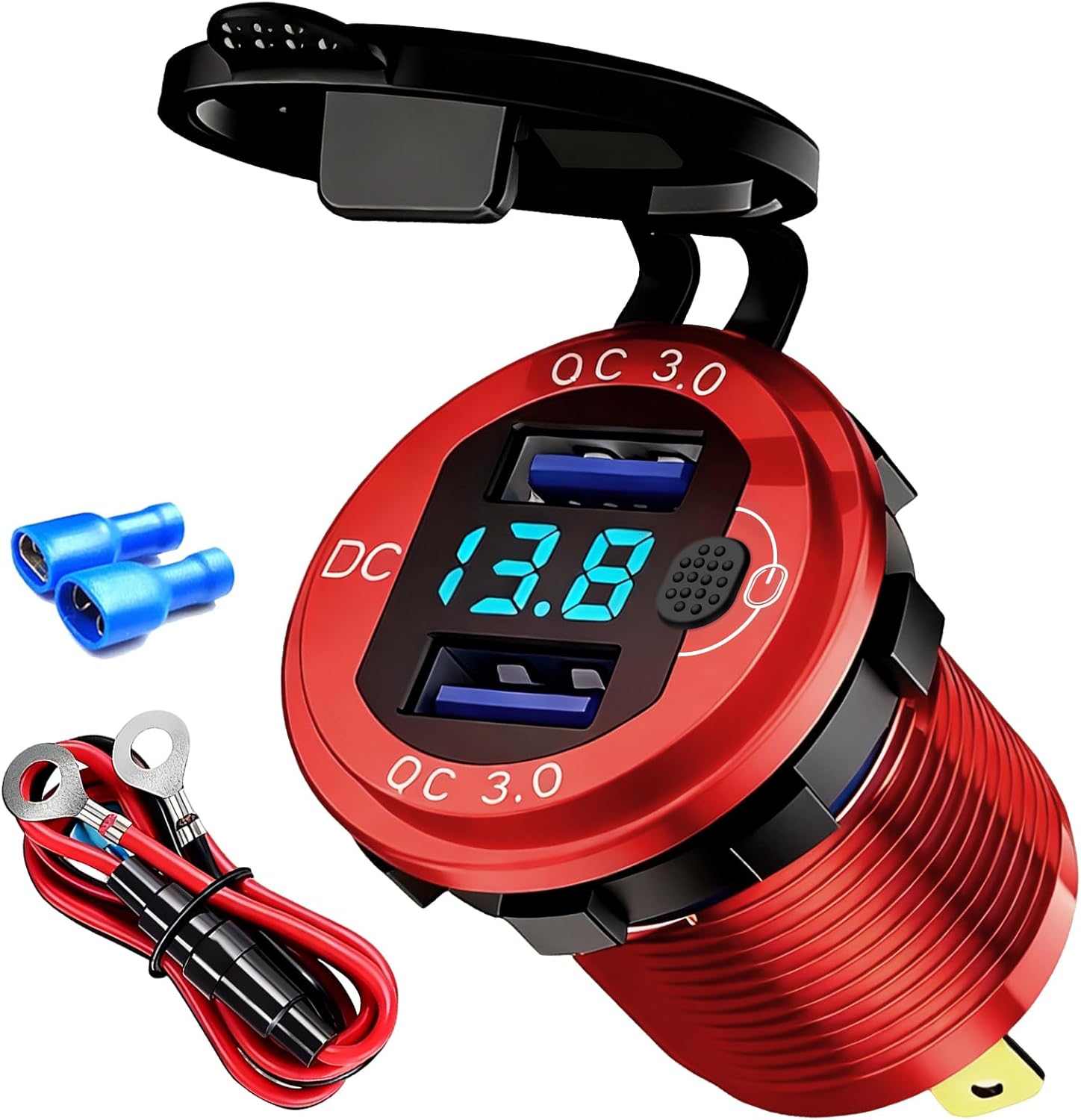 71UFYyWRRYL._AC_SL1500_.jpg 12V Flush Mount Car Charger, Aluminum Metal Body with LED Voltmeter and Switch, Dual QC3.0 USB Port for Marine, RV, Motorcycle & Panel Mounting (red) - Image 1