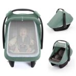 Blissful Diary Baby Car Seat Cover, Extra Large Mesh Window, Breathable Muslin Cotton, Infant Windproof Canopy, Must-Have Baby Gift - Roman Green
