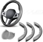 3 Piece Carbon Fiber Steering Wheel Cover,Car Steering Wheel Protector with Non-Slip Lining,Breathable Microfiber Universal for 14.5-15 inch,Gray
