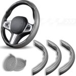 3 Piece Carbon Fiber Steering Wheel Cover,Car Steering Wheel Protector with Non-Slip Lining,Breathable Microfiber Universal for 14.5-15 inch,Gray