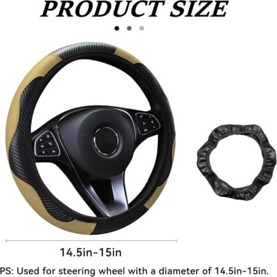Car Steering Wheel Cover, 15 inch Carbon Fiber Microfiber Anti-Slip Breathable PU Leather Elastic Steering Wheel Protector, Car Interior Accessories for Most Cars (Beige) - Image 3