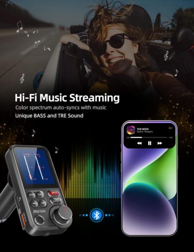 Nulaxy Bluetooth Car Adapter 1.8" Color Screen Strong Mic, QC3.0 Fast Charger Wireless FM Radio Transmitter with Treble & Bass Sound Music Player, Hands-Free Calls, Supports AUX/TF Card/USB Drive - Image 3