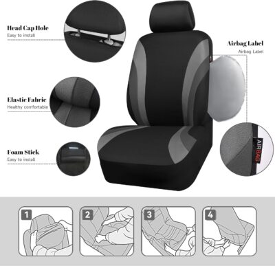 CAR PASS Line Rider Sporty Front Seat Covers,Gray Car Seat Covers Two Front Seats Only, Airbag Compatible,Universal Fit Sedans,Cars,Vans,SUV,Truck(Black and Gray) - Image 3