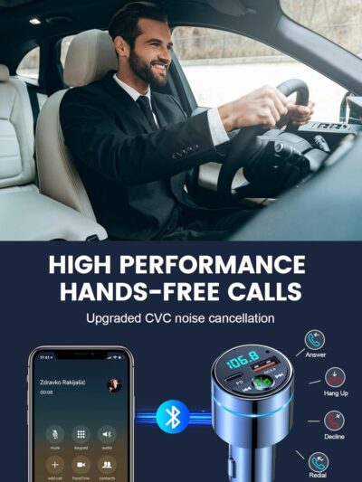 FM Transmitter for Car Bluetooth 5.3, All-Metal PD 20W & QC3.0 18W Fast Charger, Wireless FM Radio Car Kit Bluetooth Adapter, Noise Cancelling Hands-Free Call, Hi-Fi Music, Ring Light - Image 4