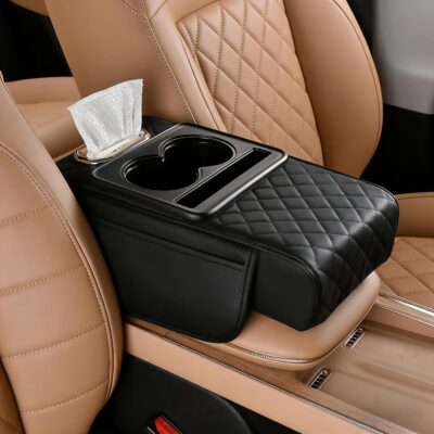 Car Armrest Cushion, Car Center Console Cover, Leather Armrest Cover for Car, Universal Middle Console Cushion with Storage Box, Cup Holder, Phone Slot, Waterproof Interior Accessories (Black) - Image 8
