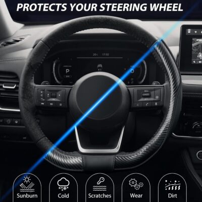 SEG Direct Flat Bottom Steering Wheel Cover Carbon Fiber, D Shaped Car Wheel Cover 14 1/2-15 in. (37-39 cm), Black Microfiber Leather with Carbon Fiber Pattern - Image 6