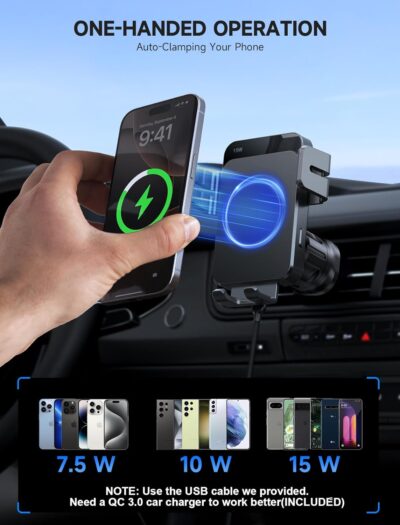 MOKPR Wireless Car Charger, 15W Auto Clamping Car Charger Dash Windshield Air Vent Phone Holder Compatible with iPhone 16 15 14/13/13 Pro/12 pro/12/11/X/8, Samsung S24/S23/S22 - Image 6
