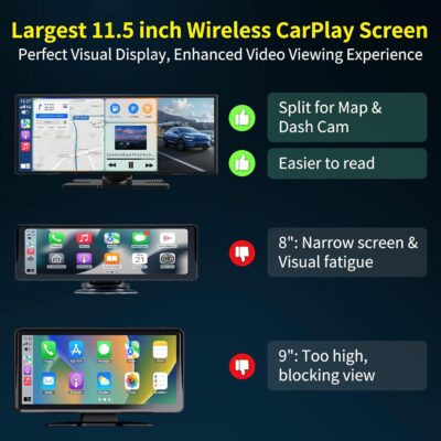Largest 11.5 inch Wireless CarPlay Screen for Car, A-pple CarPlay & Android Auto HD Touchscreen with 4K Dash Cam/1080P Backup Camera/Navigation/Bluetooth/Voice Control/FM/Mirror Link,for All Vehicles - Image 3