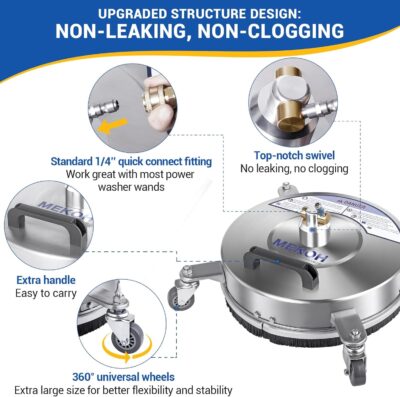 MEKOH 14" Pressure Washer Surface Cleaner 4500PSI, 4 Wheels Stainless Steel Power Washer Attachment for Driveway Sidewalk Patio Concrete, 1/4'' Quick-Connect, 1 Extension Wand & 2 Replacement Nozzles - Image 7