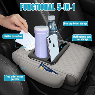 Hovom Car Center Console Cover, 12.3"×6.3"×1.5" Leather Armrest Cover for Cars, Multifunctional Auto Armrest Cushion Pad with Pocket, Tissue Box, Cup Holder & Phone Slot, Car Accessories (Gray) - Image 3