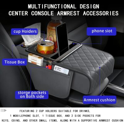 Car Armrest Cushion, Car Center Console Cover, Leather Armrest Cover for Car, Universal Middle Console Cushion with Storage Box, Cup Holder, Phone Slot, Waterproof Interior Accessories (Light gray) - Image 5