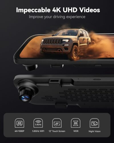 WOLFBOX G840S 12" 4K Mirror Dash Cam Backup Camera, 5.8GHz WiFi Smart Rearview Mirror for Cars & Trucks, Front and Rear View Dual Cameras, Night Vision, Parking Assistance, Included 32GB Card & GPS - Image 2