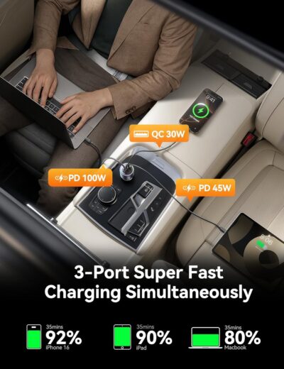 JOYROOM 175W Car Charger USB C Fast Charge [GaN] 3-Port Type C Super Fast Car Charger with USBC Cable, Car Cigarette Lighter Adapter for iPhone 17/16/15 Series, Galaxy S26/25, MacBook, iPad and More - Image 3