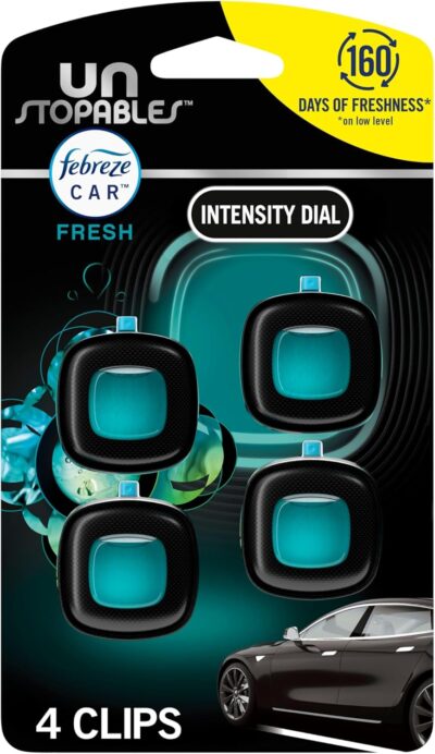Febreze Car Air Freshener, Odor-Fighting Automotive Vent Clip, Scented Car Accessories, Long Lasting for Strong Odors, Unstopables Fresh Scent, .07 fl oz, 4 Count - Image 9