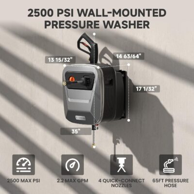 Giraffe Tools Grandfalls Retractable Pressure Washer G20, 2500 PSI 2.2 GPM, Wall Mounted with 65FT Hose Reel, 4 Nozzles for Floor/Cars/Fences/Patios, Dark Silver Case with Grey Pressure Hoses - Image 3