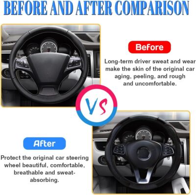 15 inch Car Steering Wheel Cover, Carbon Fiber Microfiber PU Leather Elastic Steering Wheel Protector for Men Women, Anti-Slip Breathable Car Interior Accessories (Black) - Image 5