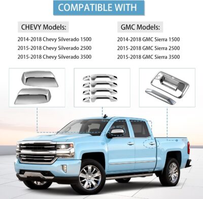 Chrome Door Handle Covers+Top Half Mirror Covers+Tailgate Cover (with Camera Hole) Compatible with Chevrolet Silverado GMC Sierra 1500 2500 3500 2014-2018 - Not for Towing Mirror - Image 2