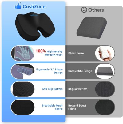 Seat Cushion - Memory Foam Office Chair Cushion for Sciatica, Tailbone & Back Pain Relief - Orthopedic Coccyx Pillow for Car, Airplane, Pregnancy & Long Sitting at Work, Black - Image 3
