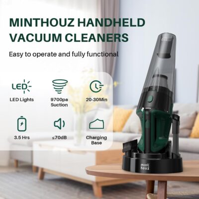 Minthouz Handheld Vacuum Cordless, Strong Suction Car Vacuum Cleaner with LED Light, Long Runtime Hand Vacuum Cordless Rechargeable, Hand Held Vac with Charging Base for Home/Car/Pet/Office - Image 2
