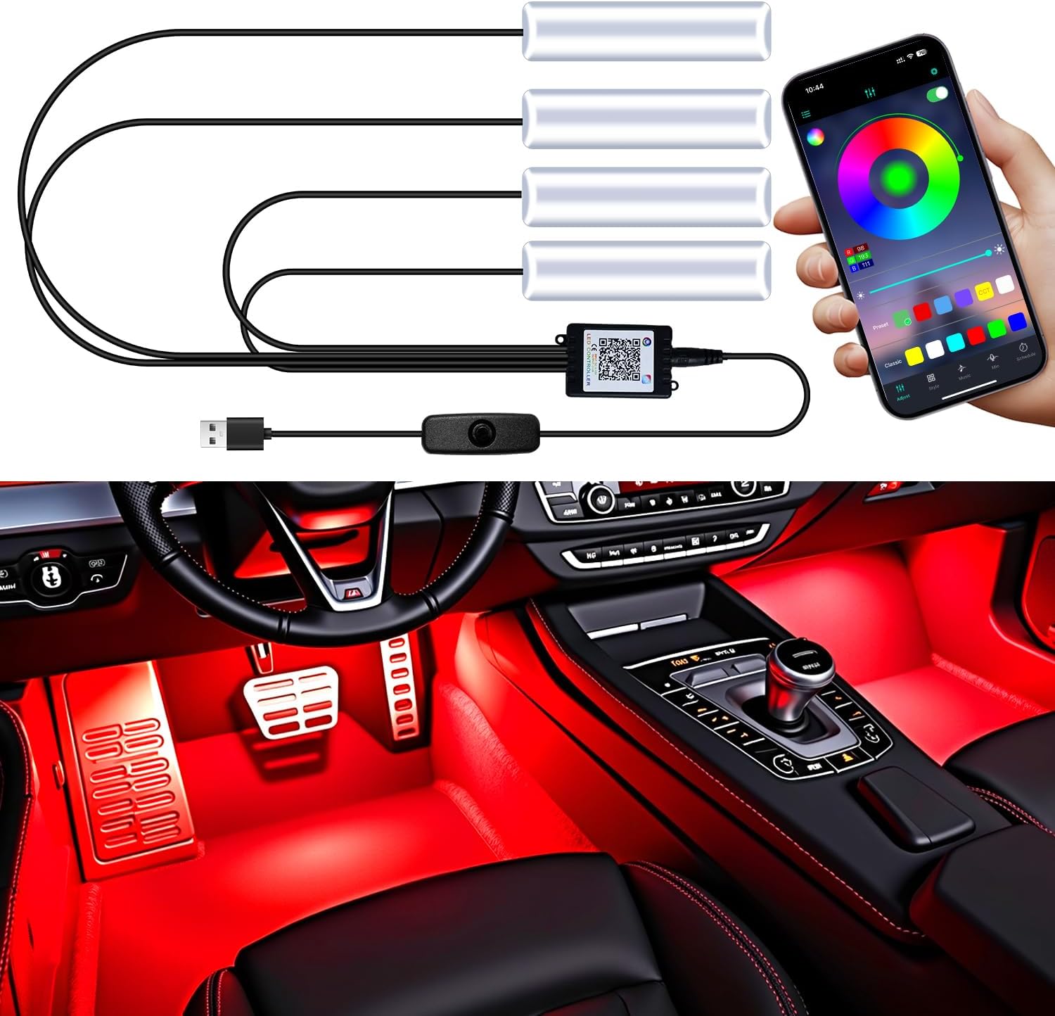 71WmeK5cxL._AC_SL1500_.jpg Car LED Lights Interior, RGB Under Dash Foot Well Lighting Kit with DIY Mode, Mult-Color Light for Car with APP Control and Button Control, Music Sync USB 5V DC - Image 1