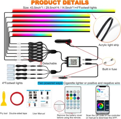 Interior Car LED Strip Lights, Acrylic LED Lights for Car with Dynamic Dreamcolor Chasing, Ambient Lighting Kits Music Sync Wireless APP and RF Remote Control (10 in 1) - Image 6