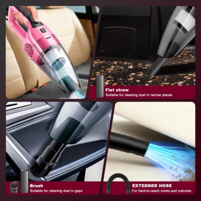 Car Vacuum Cleaner – 9000PA High Power Suction, DC 12V Portable Handheld Auto Vacuum with Attachments, Mini Car Interior Cleaner for Pet Hair, Dust, Crumbs, and Debris (Blush Pink) - Image 3