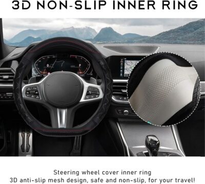 Car Steering Wheel Cover, 15 Inches 3D Honeycomb Design Car Steering Wheel Protector with Comfy Grip, Breathable Anti-Slip D-Shaped Steering Wheel Sleeve for Most Vehicles (Black) - Image 4