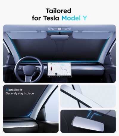Wigoo Tesla New Model Y Accessories Windshield Sunshade [OEM Design, 100% Sun Blockage] Foldable Heat Insulation Sunshade with Storage Bag, for Model Y 2020~2026 (Juniper), Silver Coating - Image 4