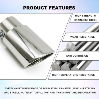 Stainless Steel Car Exhaust Tip, 2.5" to 3.3" Adjustable Car Decoration Chrome-Plated Finish Exhaust Tailpipe, Universal Car Exhaust Pipe Modification Tail Throat Tail Pipe (Silver #Straight) - Image 5
