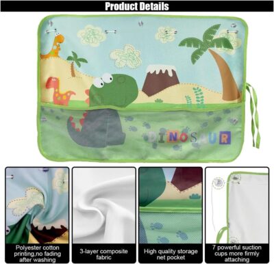 Car Window Shade for Baby, Blackout Car Window Curtain with Storage Pockets & 7 Suction Cups, Cartoon Pattern Cars Side Window Sun Shade Cover for Sun/Heat/UV Rays Protection (Green-Dinosaurs) - Image 4