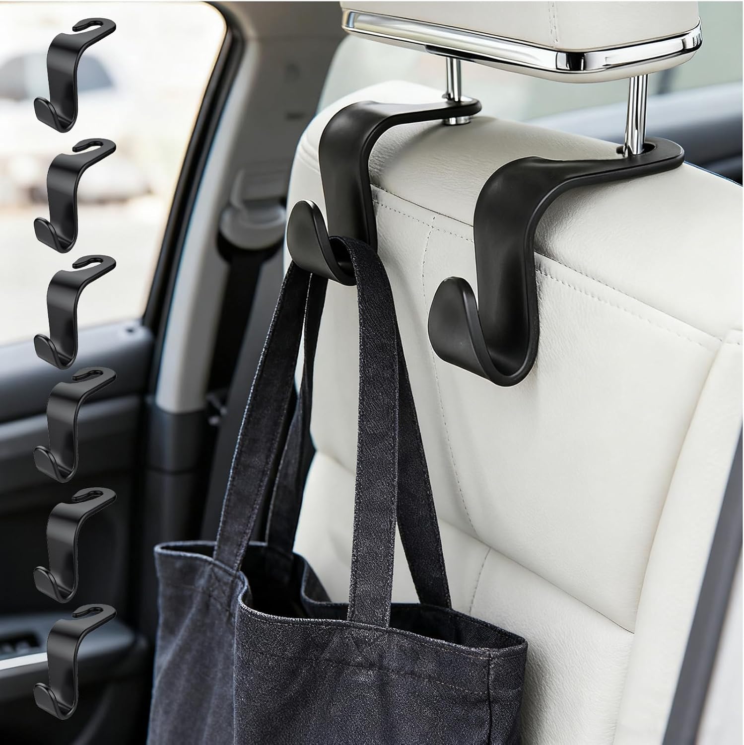 71Xcd44Q0BL._AC_SL1500_.jpg 6Pack Car Seat Back Hooks Set Black Texture Multi Purpose Bag Holder Portable Storage Hooks for Travel Commute Shopping Office Use 4.3x2.8in(Black) - Image 1