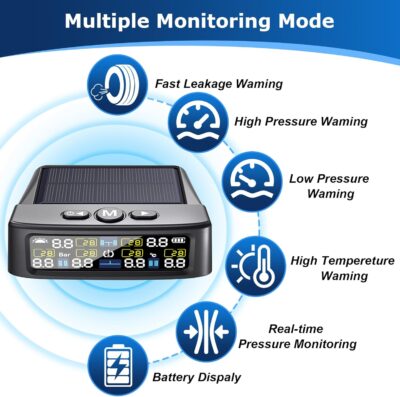 RV Tire Pressure Monitoring System -TPMS Tire Pressure Monitor with 6 Sensors,M12-3 TPMS Solar Charge & USB Color LCD Display, 0-9.9BAR/144PSI Range, 6 Alarm Modes for RV/Trailer/Truck IP67 - Image 2