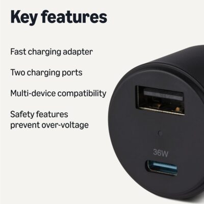 Amazon Basics Fast-Charging Car Charger, Dual-Port, 1 USBC+1 USB-A, 48W, Black - Image 2
