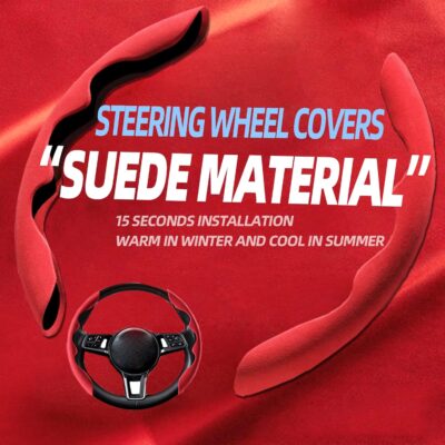 New Fluffy Anti-Skid Steering Wheel Cover Segmented Protector Safe and Non Slip Car Accessory and Durable Easy to Install for Steering Wheels of Universal Fit 99% Car (Suede Material Red) - Image 2