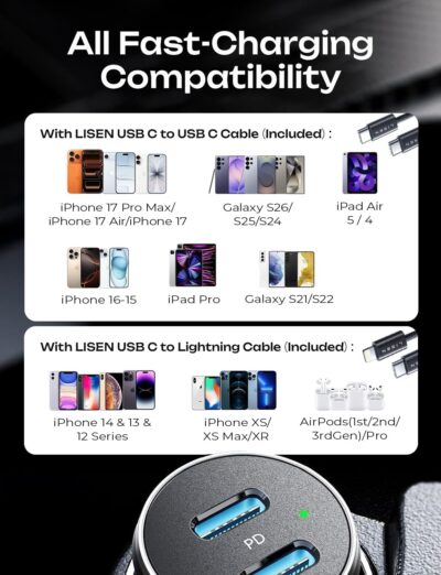 LISEN 90W USB C Car Charger Fast Charging for iPhone 17 Car Charger USB C Fast Charge, Type C Car Charger for iPhone 17 Pro Max 16 15 14 13 12 11, for Samsung Galaxy S26 S25 S24 [Lighning&USB-C] - Image 7