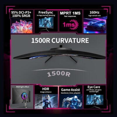 ZZA 32 Inch Gaming Monitor 160HZ,Curved Monitor 4k UHD(3840 * 2160P) VA Screen, 1500R Curved, Computer Moniter, Supports AMD Freesync, 120% sRGB, Built-in Wall Mountable Installs(HDMI 2.1/DP 1.4) - Image 7