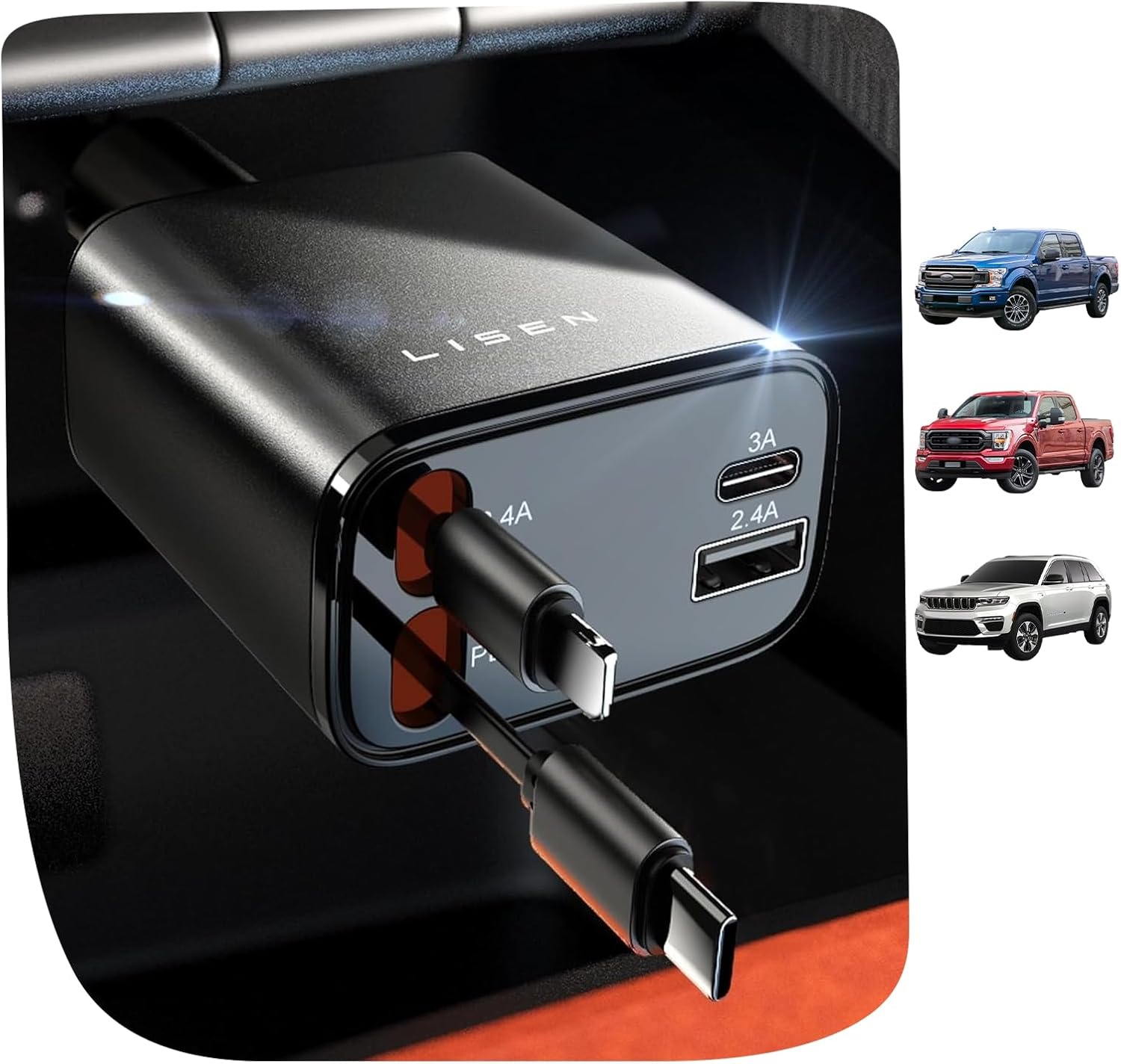 71YAUMhIUCL._AC_SL1500_.jpg LISEN Retractable Car Charger 4 in 1 for Cars, 69W Retractable USB C Car Charger with 31.5in Cable, Fast Charging for iPhone 17 16 15 14 13 12 Pro Max Plus, Compact Cars Accessories for Daily Driving - Image 1