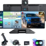 10.26" Portable Carplay Screen for Car, 4K HD Car Stereo Touch Screen with Apple CarPlay and Android Auto, 4K Dash Cam, 1080P Backup Camera, Mirror Link, Voice Control, Bluetooth, GPS, AUX/FM
